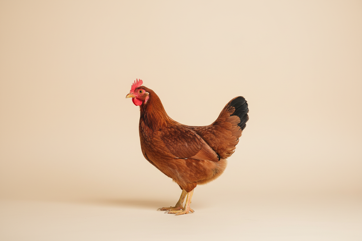 a hen on a neutral background. Nothing else