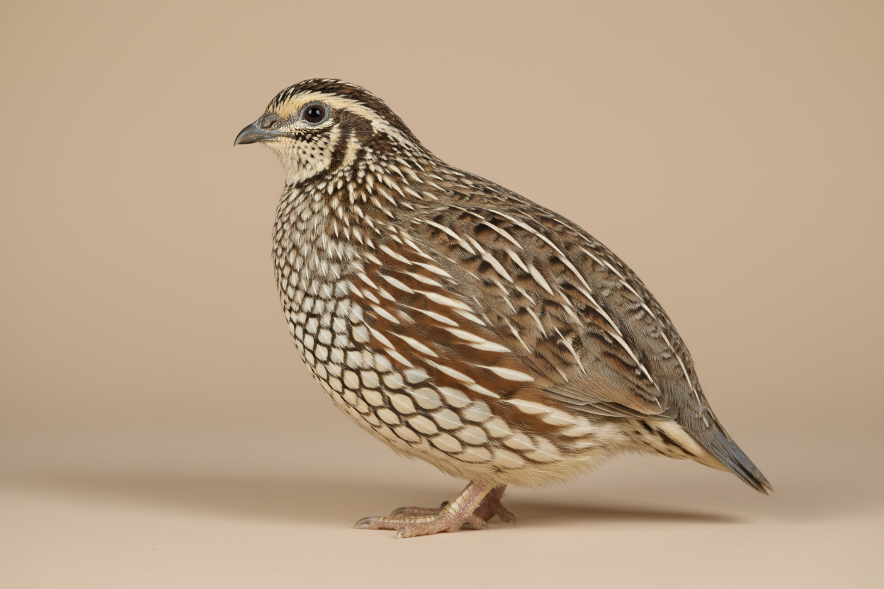 a quail (the bird) on a neutral background